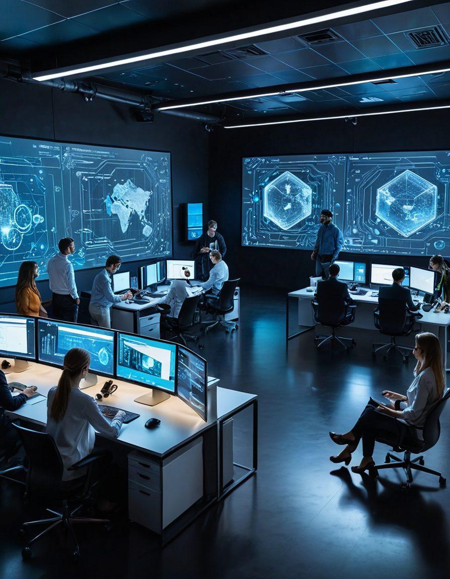 A sleek, futuristic office space where designers and IT professionals are collaborating around holographic screens displaying intricate website layouts and IT infrastructure blueprints. The scene is buzzing with creativity and innovation. super-realistic. vibrant colors. high-tech aesthetic.