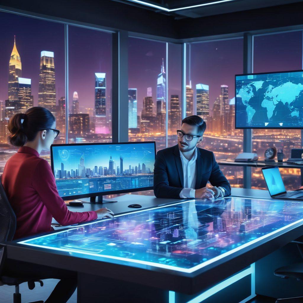 A sleek, modern workspace with advanced technology gadgets, futuristic holograms displaying data analytics and website designs, IT professionals collaborating around a smart table. Background with a vibrant cityscape filled with digital elements representing innovation. super-realistic. vibrant colors. modern style.