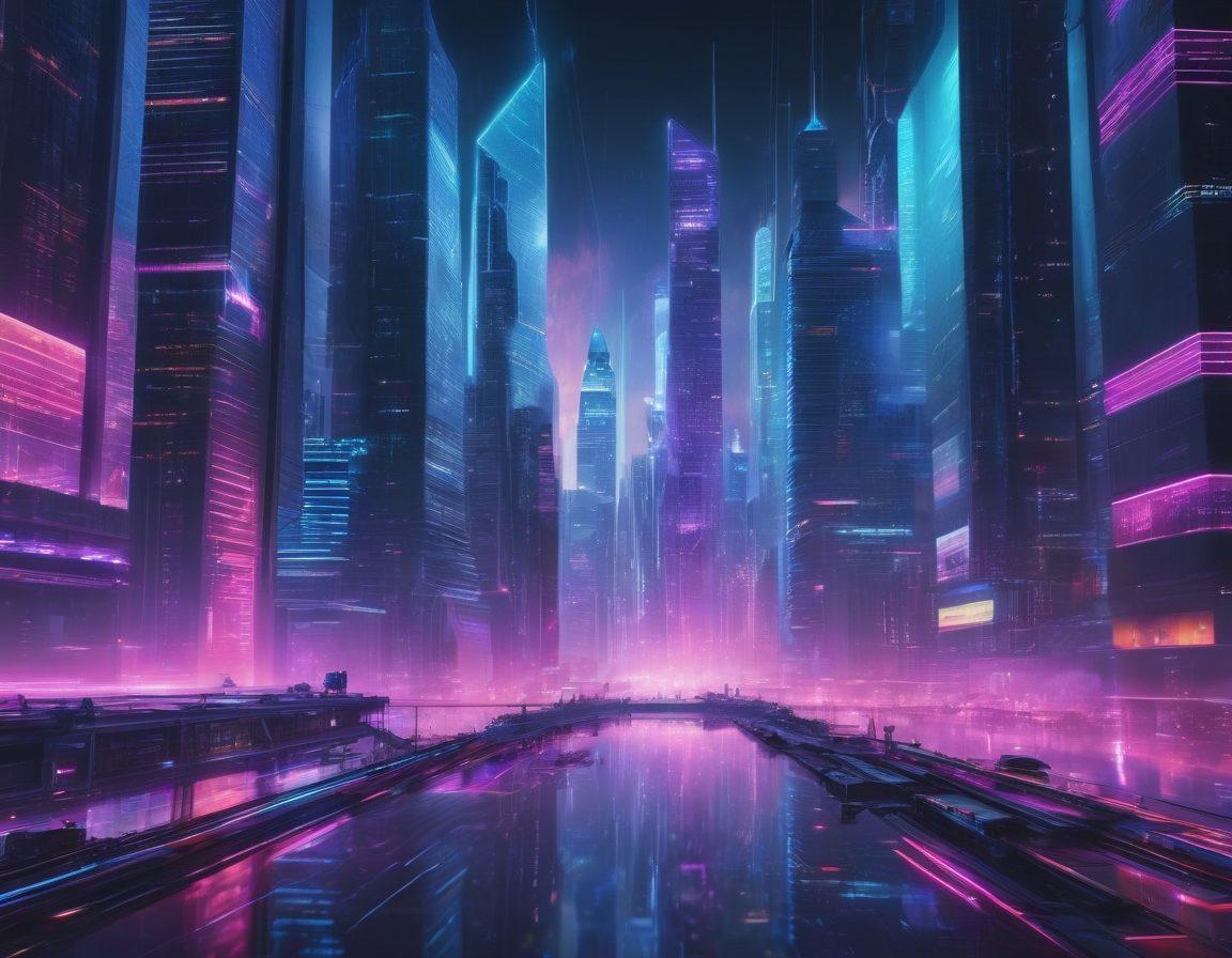 A futuristic cityscape where code streams like neon lights through skyscrapers, techno-savvy individuals connecting and working on holographic screens, representing web development and IT services. Super-realistic, vibrant colors, cyberpunk.
